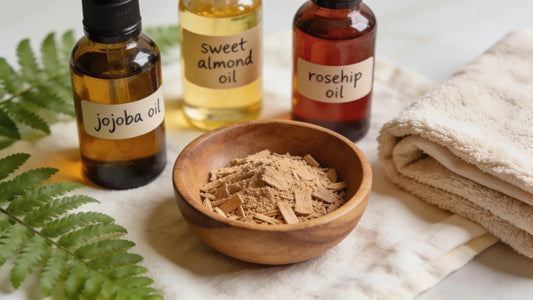 Lifestyle image featuring sandalwood essential oil and carrier oils for skincare
