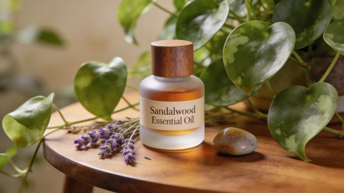 Sandalwood essential oil bottle with green plants in a natural setting for wellness routine
