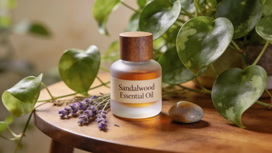 Sandalwood essential oil bottle with green plants in a natural setting for wellness routine