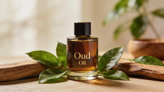Bottle of Oud oil surrounded by natural elements conveying tranquility and wellness