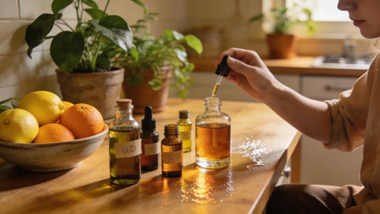Person blending oud oil at home with essential oils and citrus fruits