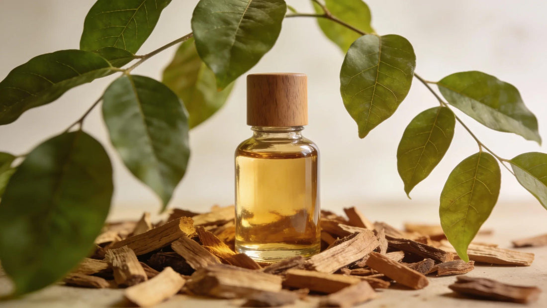 Sandalwood essential oil bottle with natural elements promoting wellness and relaxation