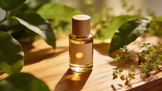 Sustainable sandalwood essential oil bottle surrounded by greenery, highlighting eco-friendly themes