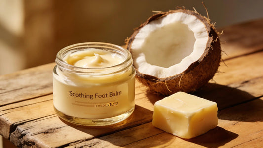 Natural foot balm with coconut oil and cocoa butter on a wooden table, promoting skin health