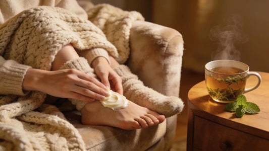 Cozy winter foot care with natural balm application