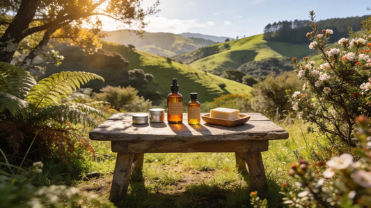 Handmade natural skincare products set against a lush New Zealand landscape, emphasising sustainability and local ingredients