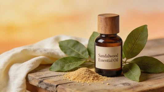 Bottles of sandalwood essential oil surrounded by natural elements conveying tranquility and wellness